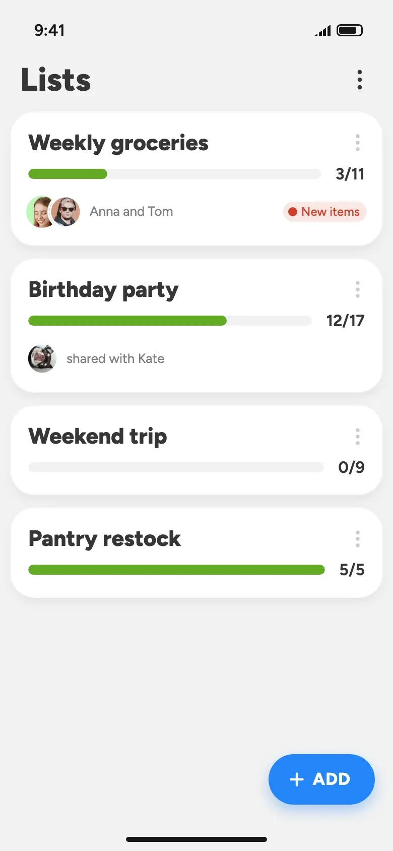 The Lists screen with four grocery lists and their progress