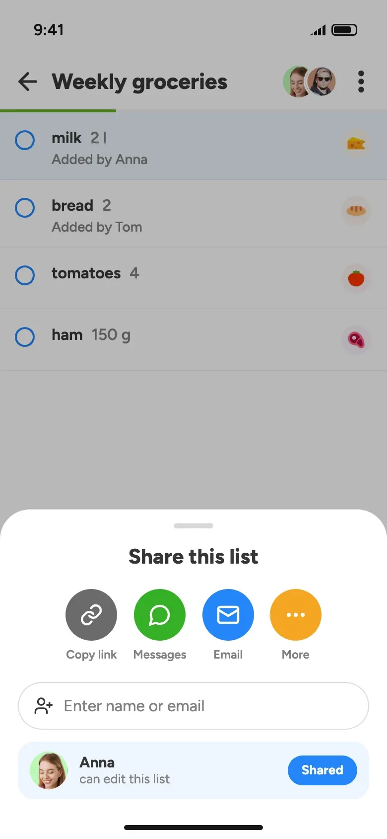 A shared grocery list with the Share this list panel open