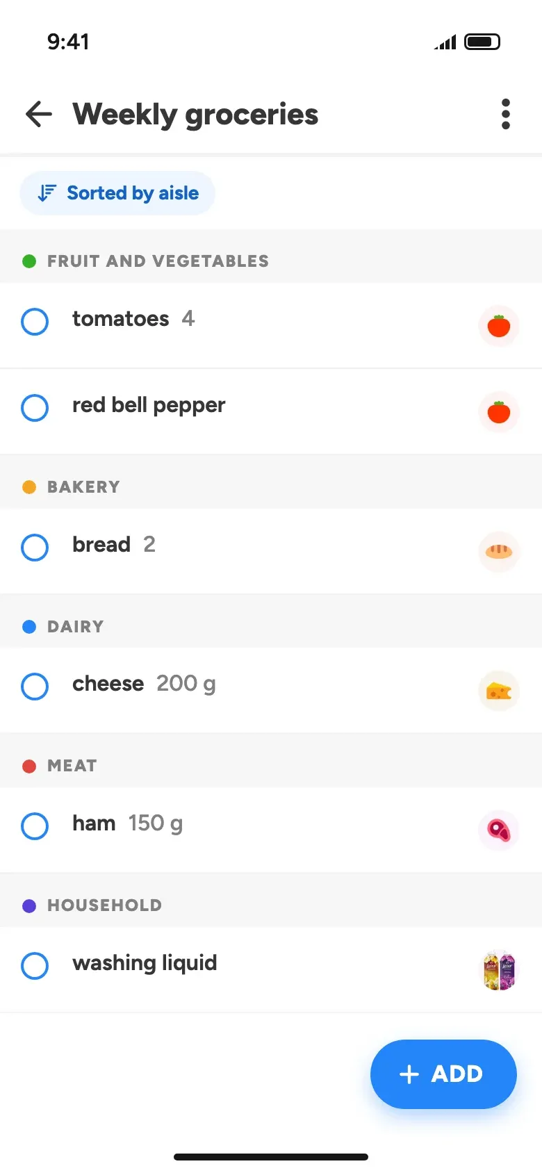 A grocery list sorted by store aisle, from vegetables to household
