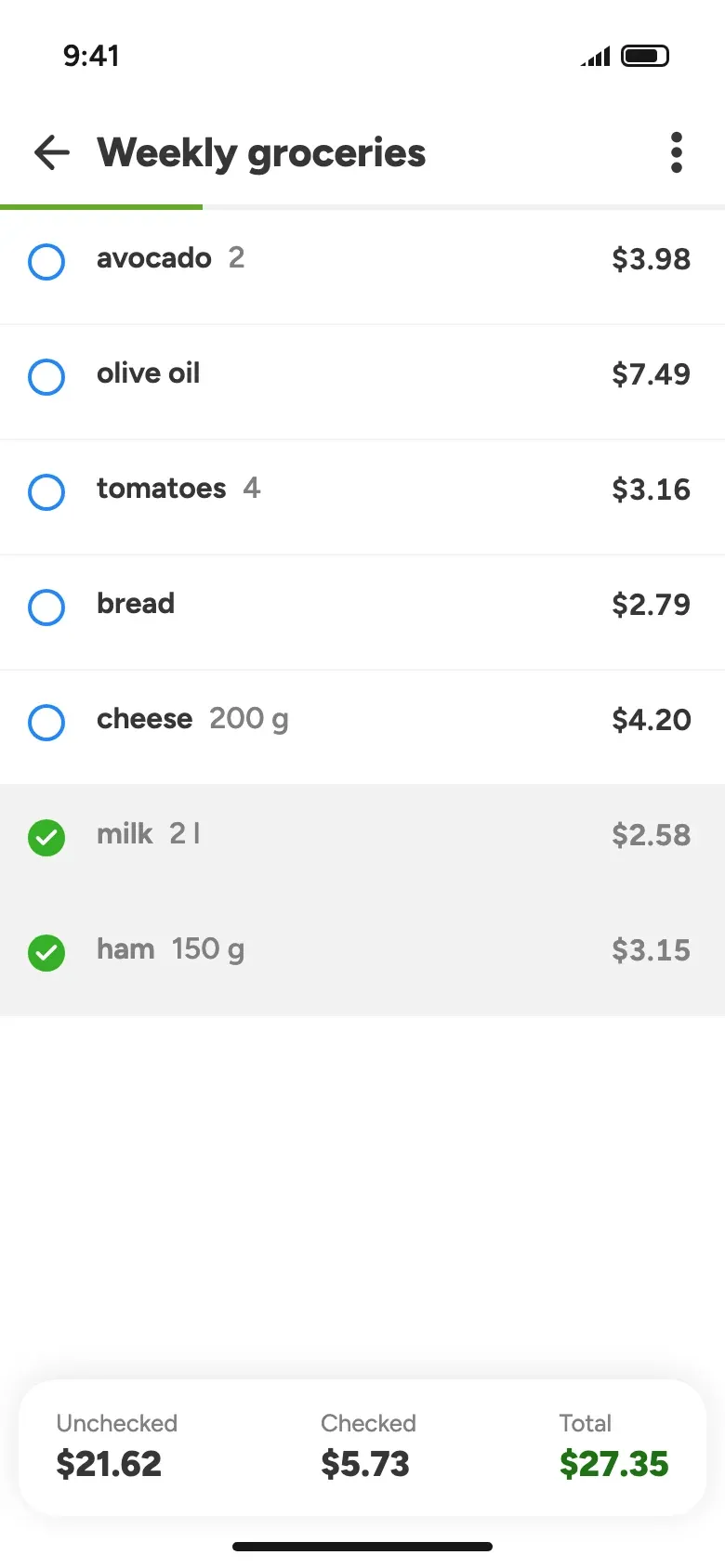 A grocery list with prices and the total at the bottom