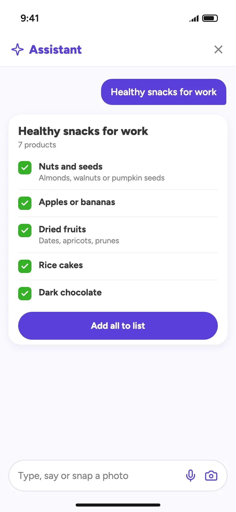 The AI assistant turning a request into a grocery list