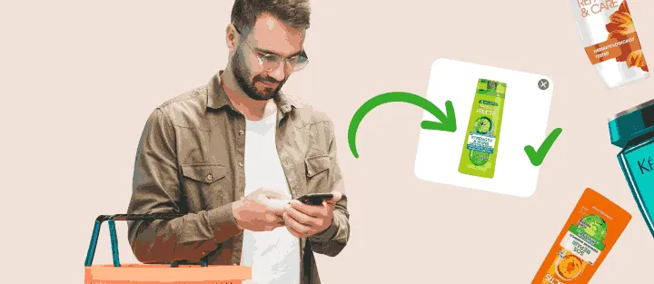 Man with a basket checks his phone next to a photo of the exact shampoo to buy