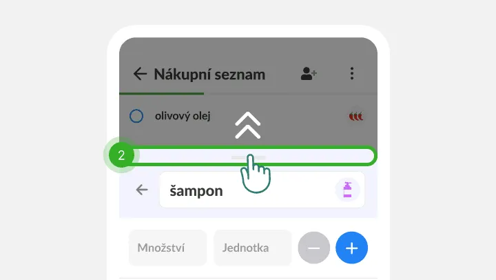 Prst táhne panel s detaily šamponu nahoru přes nákupní seznam