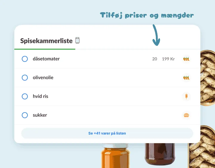 Spisekammerliste med dåsetomater, olivenolie, ris og sukker, én med pris