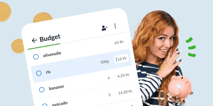 Smilende kvinde med en sparegris ved siden af en budgetliste med varepriser