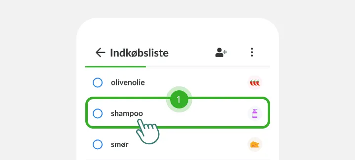 En finger trykker på shampoo mellem olivenolie og smør på en indkøbsliste