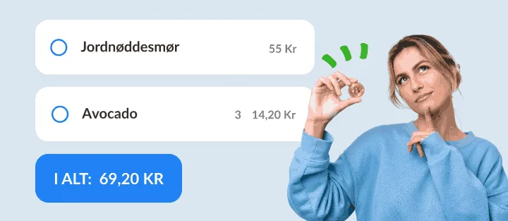 Eftertænksom kvinde med en mønt ved to varer med priser og deres sum