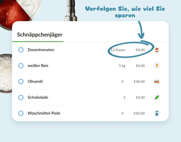 Liste mit Großeinkäufen wie 12 Dosen Tomaten und 5 kg Reis, mit Preisen