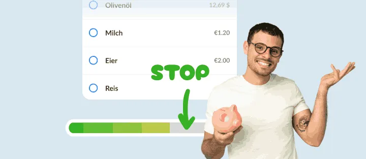 Lächelnder Mann mit Sparschwein neben einer Liste und fast vollem Ausgabenbalken