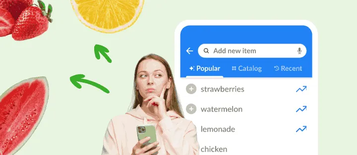 Woman with a phone beside a list of trending items like strawberries and melon