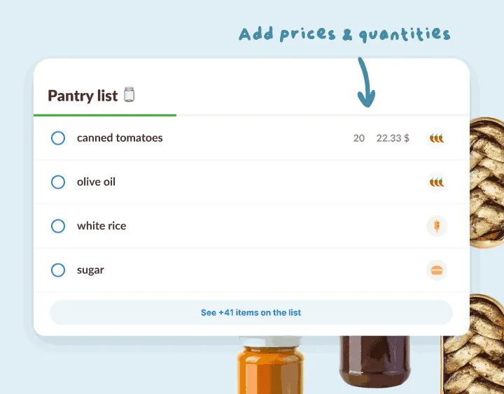 Pantry list of canned tomatoes, olive oil, rice and sugar, one with a price