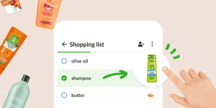 Shopping list where a checked shampoo item opens a photo of the exact bottle