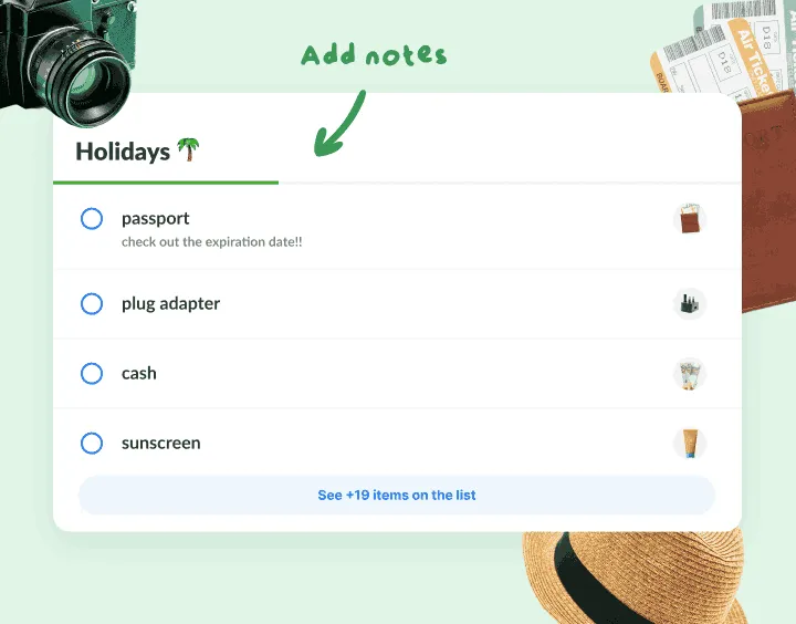 Holiday packing list with passport, plug adapter, cash and sunscreen