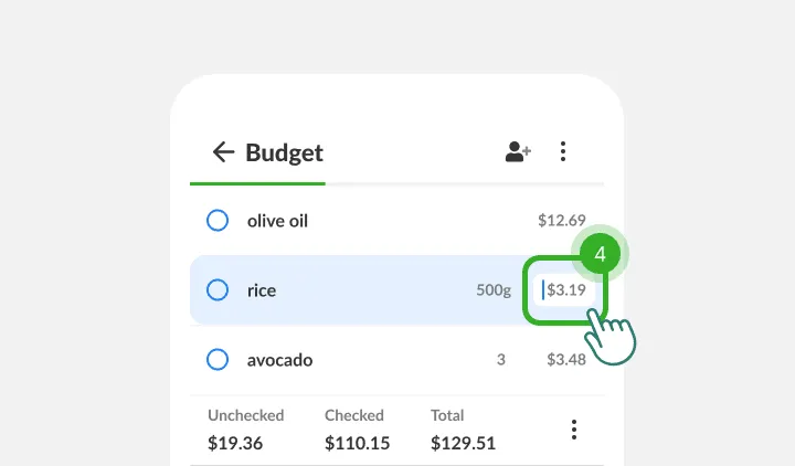 A finger taps the price field next to rice, with list totals shown below