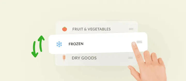 A finger drags the frozen category between fruit and dry goods to reorder it
