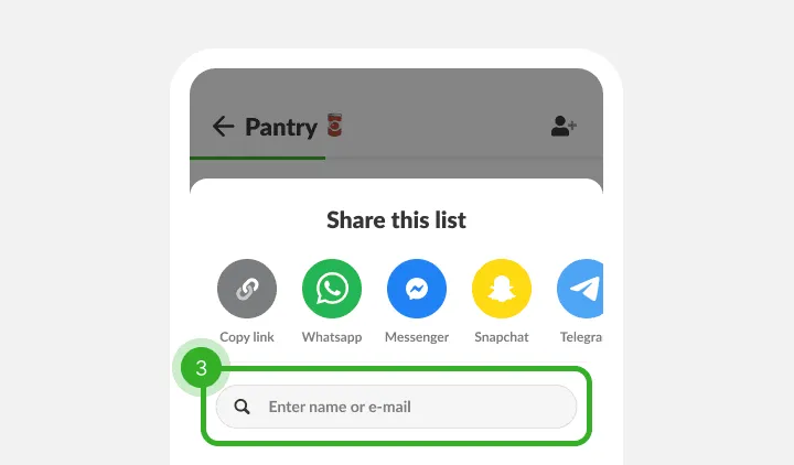 Share menu with messaging app icons and a search field for a name or email