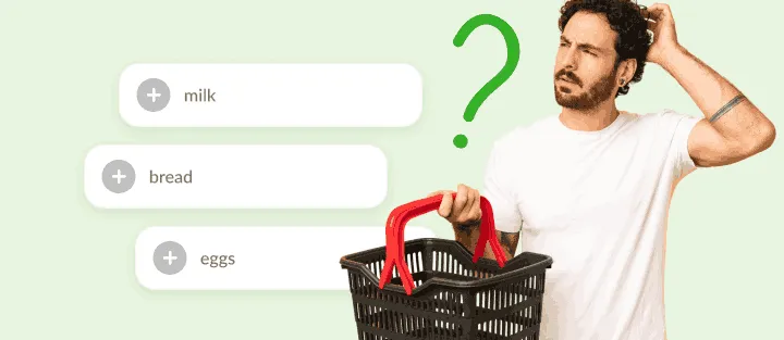 Puzzled man with a basket next to suggested items milk, bread and eggs