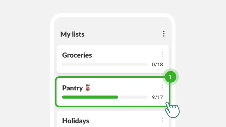 My lists screen with the pantry list highlighted under a tapping finger