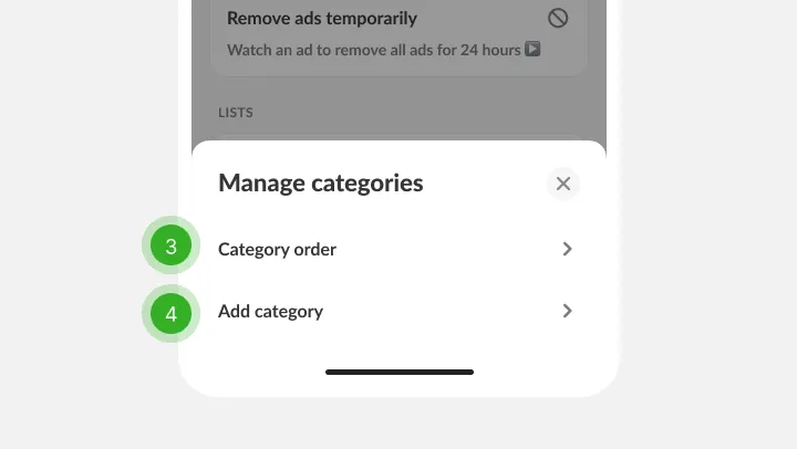 Category panel with reorder and add options, marked as steps three and four