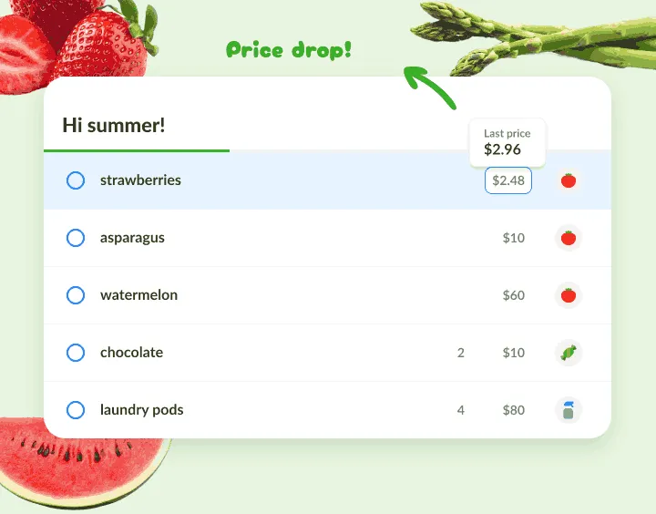 Summer list where strawberries show a lower price than the last one recorded