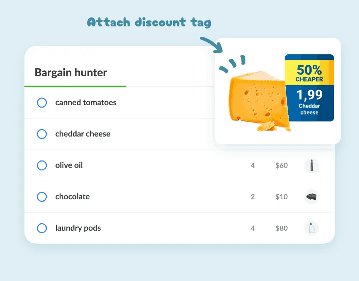 Cheddar cheese on a deals list with a photo of its half-price store tag attached