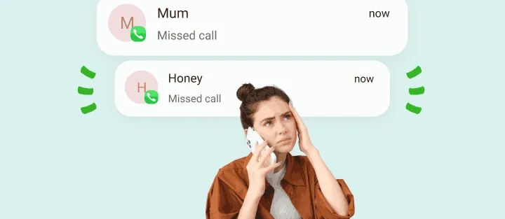 Worried woman on the phone below two missed call notifications