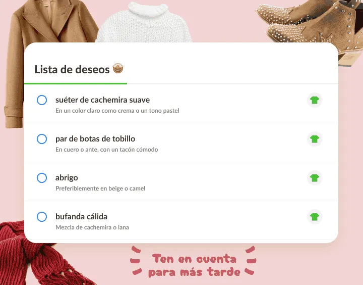 Lista de deseos con suéter, botas, abrigo y bufanda, rodeada de fotos de ropa