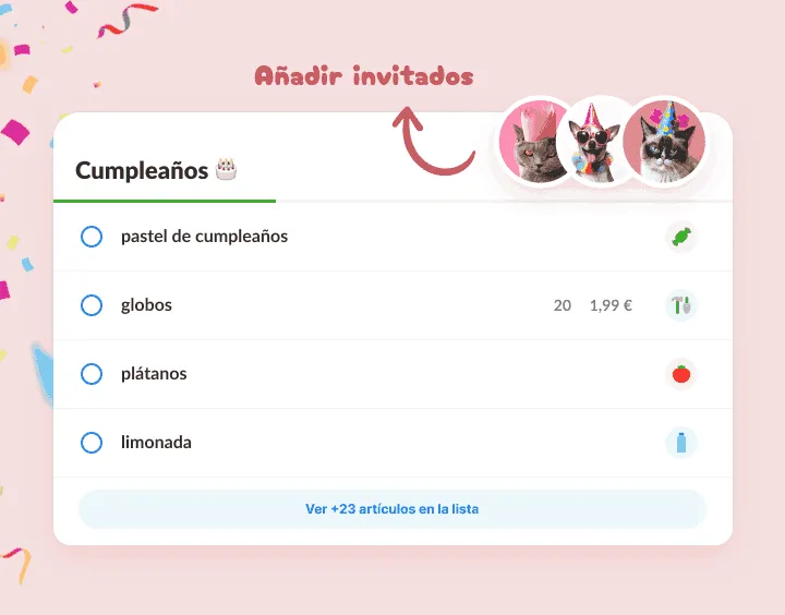 Lista de cumpleaños: pastel, globos y limonada, e invitados mascotas con gorro