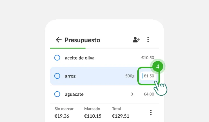Un dedo toca el campo de precio junto al arroz, con los totales debajo