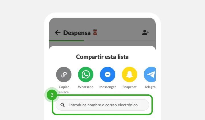 Menú para compartir con iconos de mensajería y un campo para nombre o correo