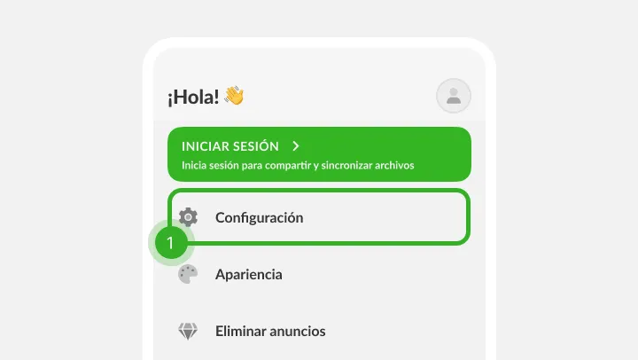 Menú de perfil con banner de sesión y la fila del engranaje marcada como paso 1