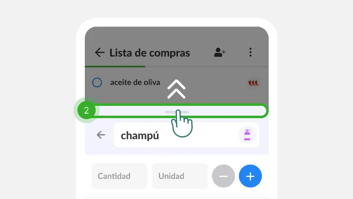 Un dedo arrastra hacia arriba el panel del champú sobre la lista de compras