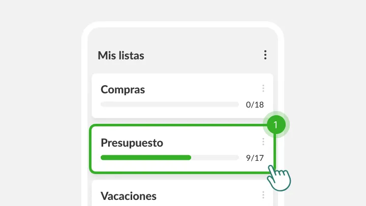 Pantalla Mis listas con la lista Presupuesto resaltada bajo un dedo que la toca