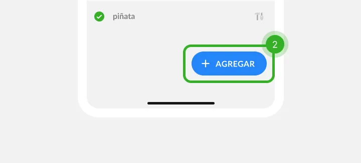 Final de una lista con un artículo marcado y un botón azul señalado como paso 2