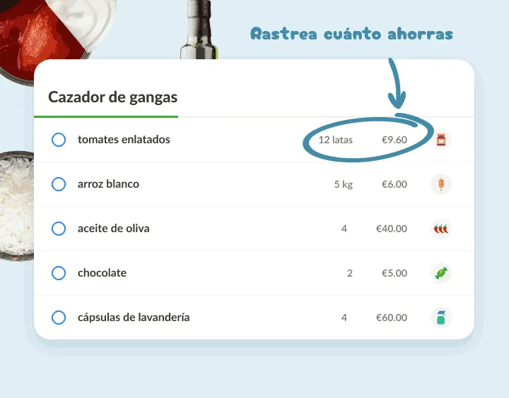Lista de compras a granel como 12 latas de tomate y 5 kg de arroz, con precios