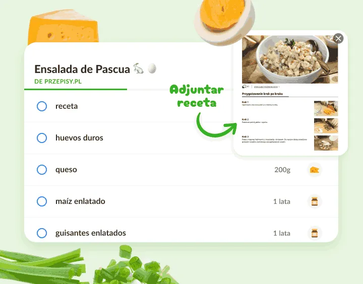 Lista Ensalada de Pascua: huevos, queso, maíz y guisantes, con receta adjunta