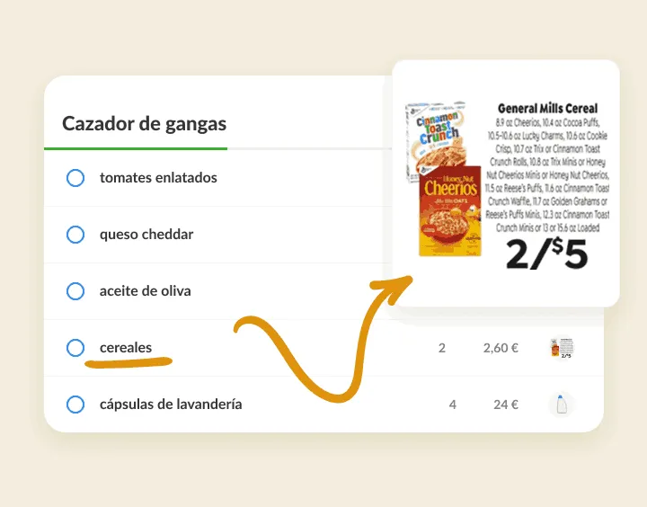 Cereales en una lista de ofertas unidos a un recorte de folleto con la oferta