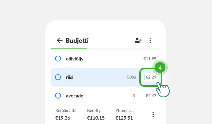 Sormi napauttaa riisin hintakenttää, alla näkyvät listan summat