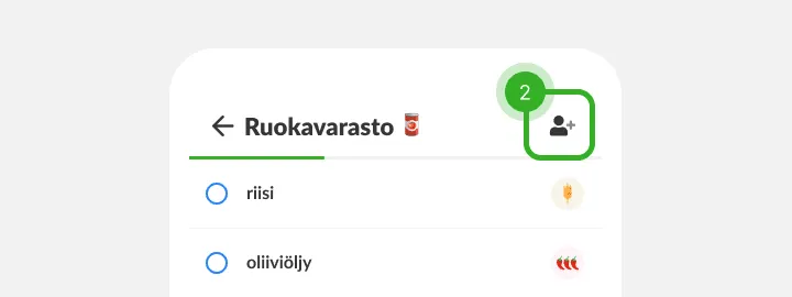 Ruokavarasto-listan yläosa, jossa kulman henkilön lisäyskuvake on korostettu
