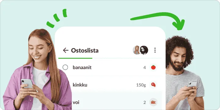 Nainen ja mies puhelimillaan, välissään yksi yhteinen ostoslista