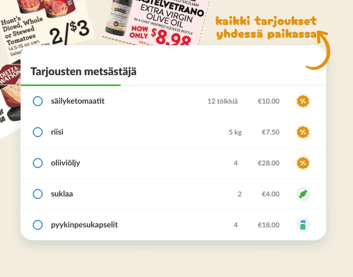Tarjouslista kauppojen mainosten päällä, alennetuilla tuotteilla prosenttikuvake