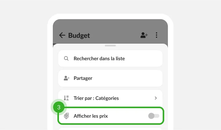 Menu de liste avec recherche, partage et tri, et l'affichage des prix désactivé