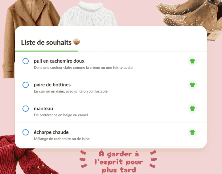 Liste de souhaits : pull, bottines, manteau et écharpe, chacun avec une note