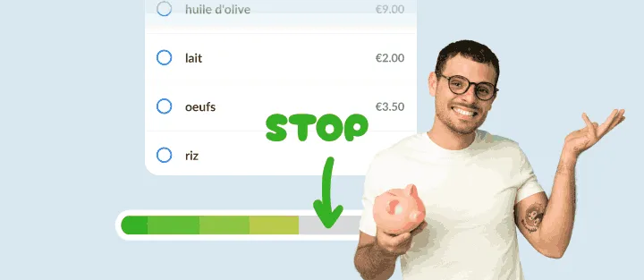 Homme souriant avec tirelire, une liste et une jauge de dépenses presque pleine