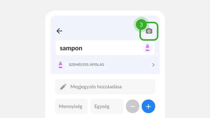 Sampon tétel adatai megjegyzés és mennyiség mezővel, kiemelt sarokikonnal