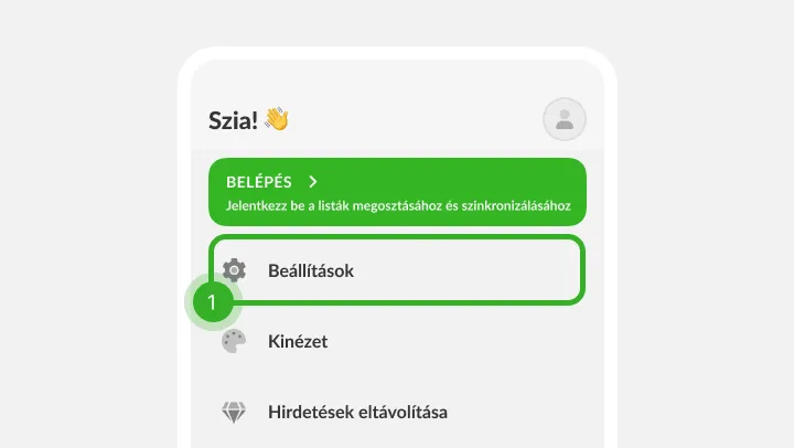 Profilmenü belépési sávval, a fogaskerekes sor első lépésként jelölve