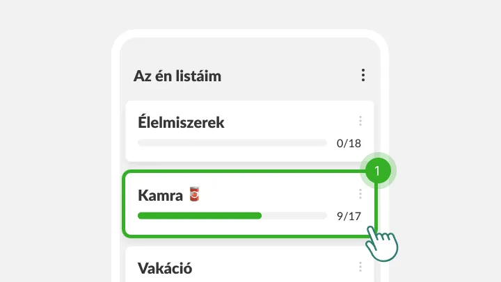 Az én listáim képernyő, egy ujj a kiemelt Kamra listára koppint