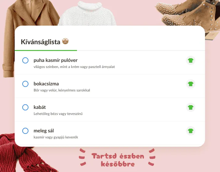 Ruhás kívánságlista: pulóver, bokacsizma, kabát és sál, mindegyik megjegyzéssel