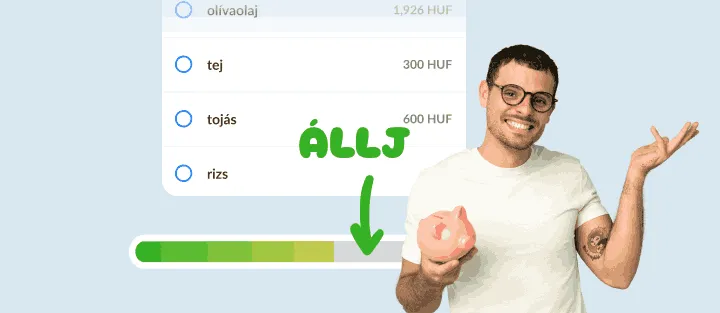 Mosolygó férfi malacpersellyel, mellette lista és majdnem teli költési sáv