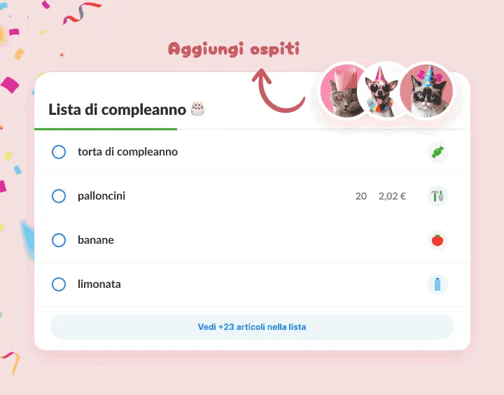 Lista di compleanno: torta, palloncini e limonata, ospiti animali col cappellino